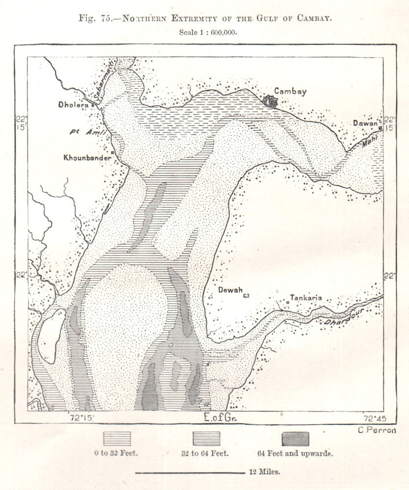 Northern Extremity of the Gulf of Khambhat. India. Sketch map 1885 old